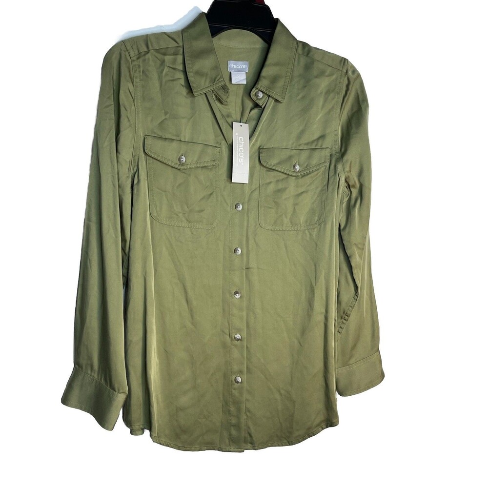 Chicos NWT Button Sand Wash Green Long  slv blouse   0 Top S 2 4